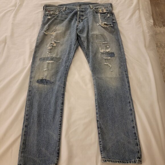 38 x 32 Polo Ralph Lauren Sullivan Slim Distressed Repaired Timeworn Rips Frays - Picture 1 of 16